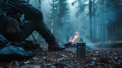 Man hunter with a backpack sits next to a crackling campfire in a wooded area, enjoying the warmth and cooking food