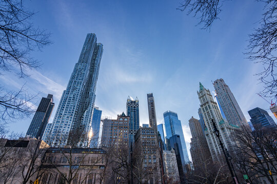 View of skyscrapers from the street of Manhattan in New York City (USA)