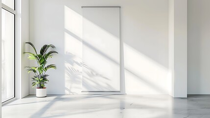 The image is a 3D rendering of an empty room with a large window, a potted plant, and a blank canvas. The room is flooded with soft sunlight.