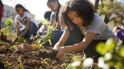 A group of students planting trees in a schoolyard, fostering a sense of environmental stewardship...