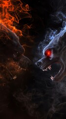 Fototapeta premium Digital art of a fierce fiery beast facing off against a frigid icy creature, embodying a battle of extremes.