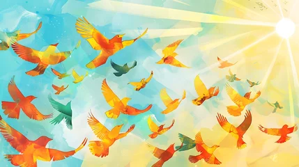 Fotobehang Illustration of a flock of birds flying in the sky. © KHF