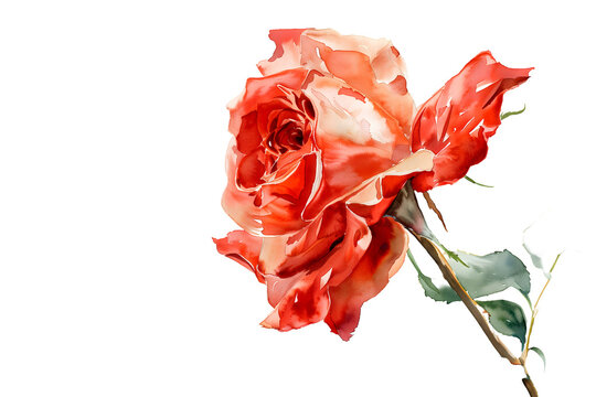 Lush Coral Rose Watercolor, Vivid Flower - Isolated on Transparent White Background PNG

