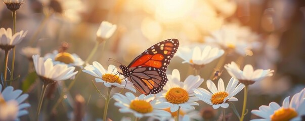 The Delicate Dance of Nature: A Monarch Butterfly Embraces a Daisy in Spring's Embrace
