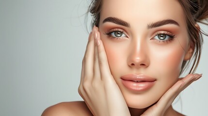 Close-up portrait of a beautiful young woman with perfect skin and natural makeup. She is smiling and looking at the camera.