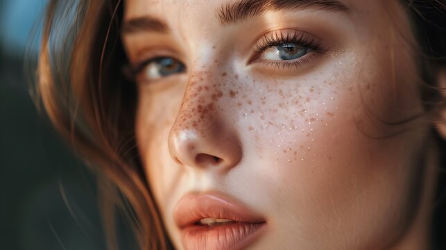 Close-up portrait of a beautiful young woman with freckles on her face.