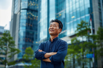 a man is standing in front of a tall building with his arms crossed