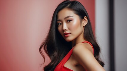 Asian woman model pose wearing modern dress, walking in red carpet