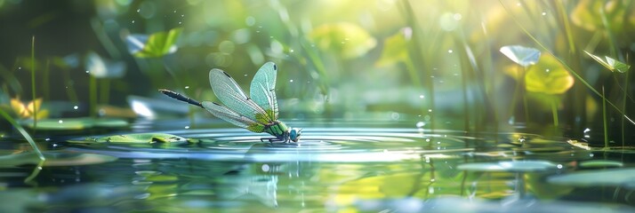 A Majestic Dragonfly Gracefully Hovering Over the Glistening Surface of a Serene Pond in the Heart...