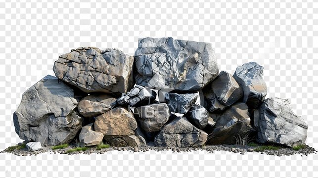 A large pile of rocks of various sizes. The rocks are gray and brown and have a rough texture. The pile is about 6 feet tall and 10 feet wide.