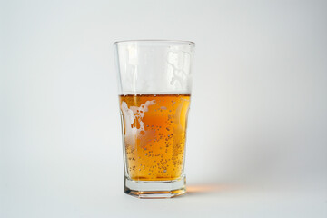 Half a glass of beer against a white background