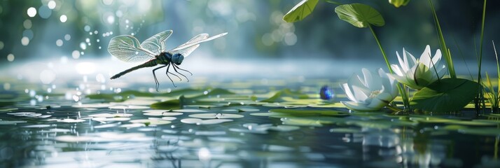 Spring's Ballet: A Vibrant Dragonfly Dances Above the Calm Waters of a Pond