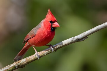 Graceful landing Northern Cardinal alights displaying striking red color