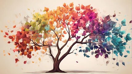 Colorful tree with leaves on hanging branches illustration background. abstract wallpaper. Flower tree with multicolored leaves. Wallpaper background.
