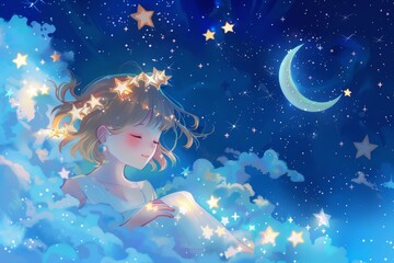Obraz na płótnie Canvas Adorable smiling girl sitting on fluffy clouds before a starry night sky - Cute Little Angel Watercolor Illustration Background created with Generative AI Technology