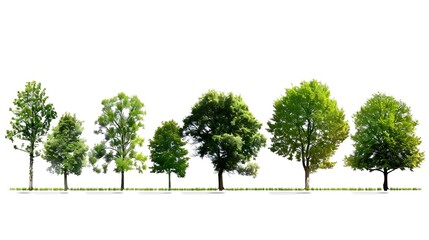 A row of six lush green trees of various heights and species is pictured against a white background.