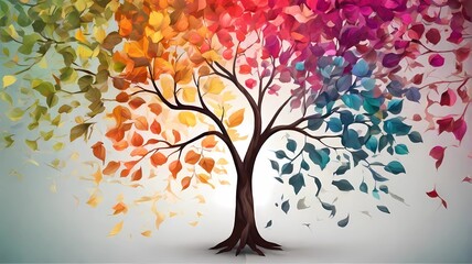 Colorful tree with leaves on hanging branches illustration background. abstract wallpaper. Flower tree with multicolored leaves. Wallpaper background.