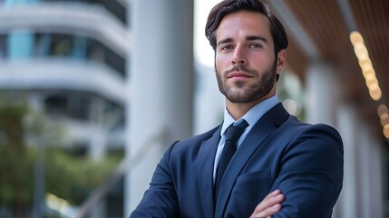 Confident and successful businessman standing with arms crossed in front of an office building.