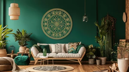  a flourishing mandala on a deep emerald green wall, complemented by a chic sofa arrangement. © Lal