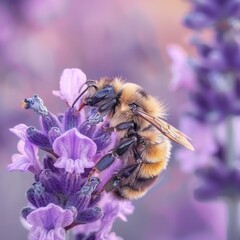 A Busy Bee's Delicate Dance: An Intimate Close-Up of Pollen Collection from a Vibrant Lavender Flower in Full Spring Bloom