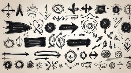 A group of chalked arrows and frames. Hand drawn black charcoal symbol for hand drawn diagram. Doodle marker drawing. Freely different curved arrows, swirls, circles and tick marks. - obrazy, fototapety, plakaty