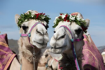 Humorous camels Wearing flower wreaths bring smiles to viewers