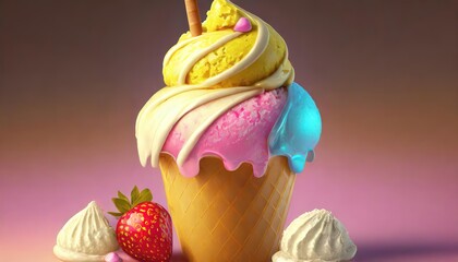 animated, colorful, happy ice cream with wonderful background, ice cream eaten by a cat, landscape with beautiful light, vacation, sea, ocean, heat, juice, dessert, children