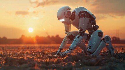 Futuristic robot planting seeds, automated farm, sunrise, wide angle, hightech agriculture, dawn light - obrazy, fototapety, plakaty