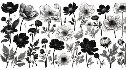 Set of hand drawn spring flowers. Black brush flower silhouette. Ink drawing wild plants, herbs or flowers, monochrome botanical illustration. Anemone, peony, chrysanthemum isolated cliparts - obrazy, fototapety, plakaty