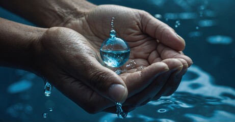 World Water Day Campaign Capturing the essence of clean water advocacy, hands tenderly holding a glistening water droplet, highlighting the importance of water purity. Mini blue tone - obrazy, fototapety, plakaty