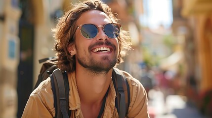 Cheerful young male tourist with sunglasses and backpack enjoying the summer vacation in the city.