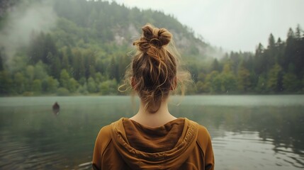 Young woman standing alone on a pier overlooking a misty lake. She is wearing a brown hoodie and has her hair in a bun. - obrazy, fototapety, plakaty