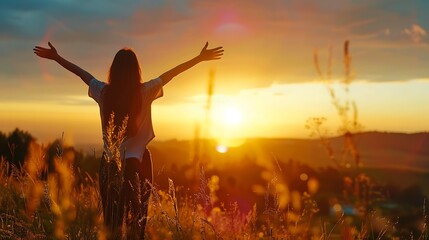 Young woman standing with arms outstretched in a field of tall grass at sunset - Powered by Adobe