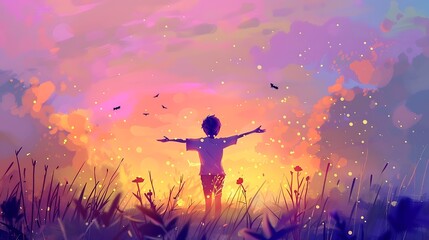 The image is a beautiful landscape with a sunset and a boy standing in a field of flowers.