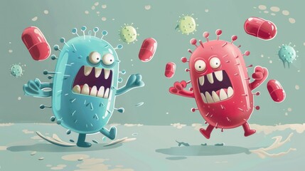 Visual representation captures the ongoing battle between antibiotics and bacteria. - obrazy, fototapety, plakaty