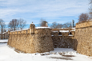 Fortified walls of the village of Mont-Louis covered with snow