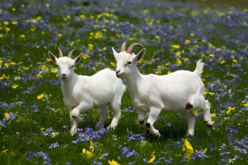 Playful farm scene Baby goats frolic in flower filled field