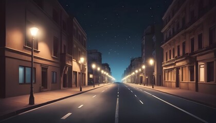 Fototapeta na wymiar A realistic beautiful street in a city with attractive street lights behind it a night view and clear sky