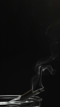 High contrast image of a smoldering cigarette resting on the edge of a sleek ashtray, with smoke rising in a dark backdrop