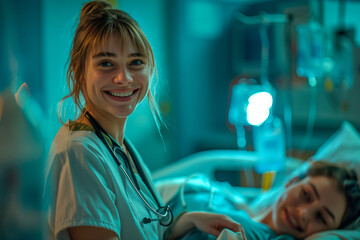 Healthcare Professional: Young and Friendly Female Doctor or Nurse Providing Examination and Support hospitalized patient