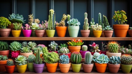 Fototapeta na wymiar Various cactus and succulent plants in different pots