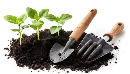 gardening tools and seedling in soil surface isolated on a white background