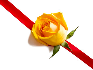 Rosa amarilla sobre una cinta de raso de color rojo, PNG.