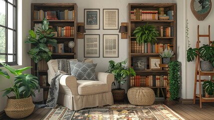 A cozy reading nook with wooden frame mockups featuring classic book cover illustrations.