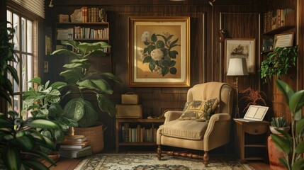 A cozy reading nook with a wooden frame mockup presenting a vintage-inspired book cover illustration.