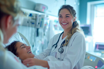 Dedicated Healthcare Professional: Young and Friendly Female Doctor Providing Examination and Support hospitalized patient - obrazy, fototapety, plakaty