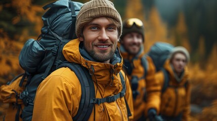 Fototapeta premium Group of male hikers on the mountain, medium shot, smiling, forest background.