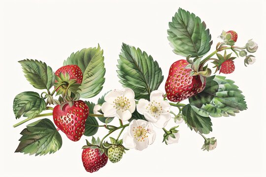 a painting of strawberries and white flowers