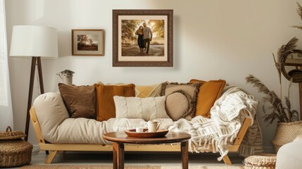 A cozy living room setting with a wooden frame mockup showcasing a family portrait in warm tones.