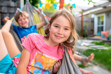 Obraz premium Sibling Serenity: Young Girl and Brother Lounging and Playing in Backyard Hammock Together